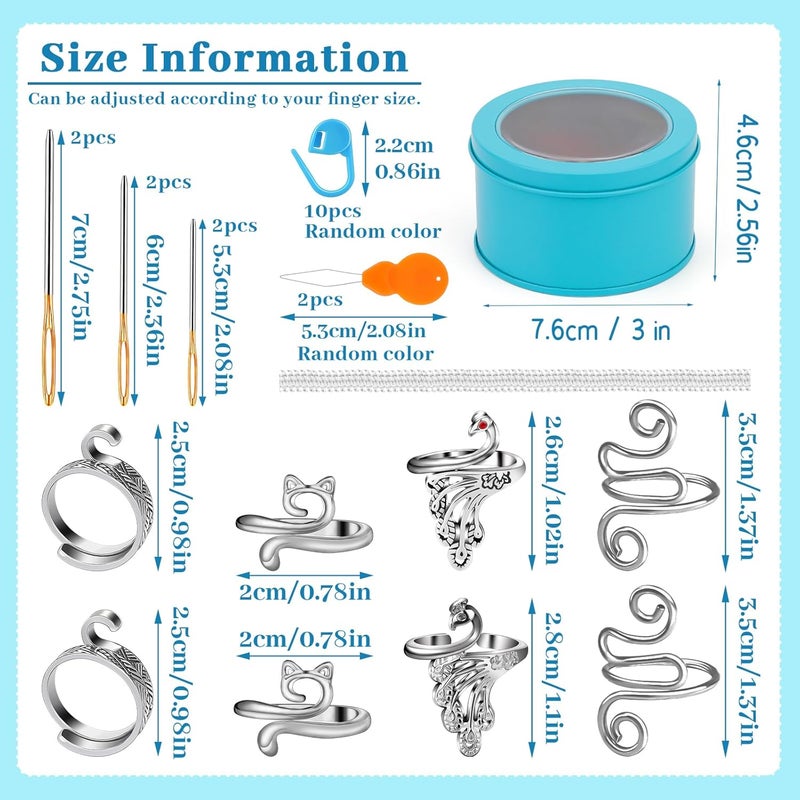 FOUSNOW 8 Pcs Crochet Ring, Adjustable Crochet Ring for Finger, Tension Rings Cat Yarn Guide Yarn Knitting Thimble, Faster Knitting Crocheting Accessories for Mother Grandma - Image 2